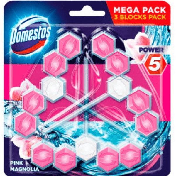 Domestos Power 5 Pink Magnolia Toilet Rim Block Cleaner 55g (Pack of 3)