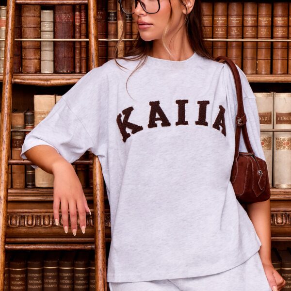 Kaiia Slogan Oversized T-shirt Light Grey Marl & Brown