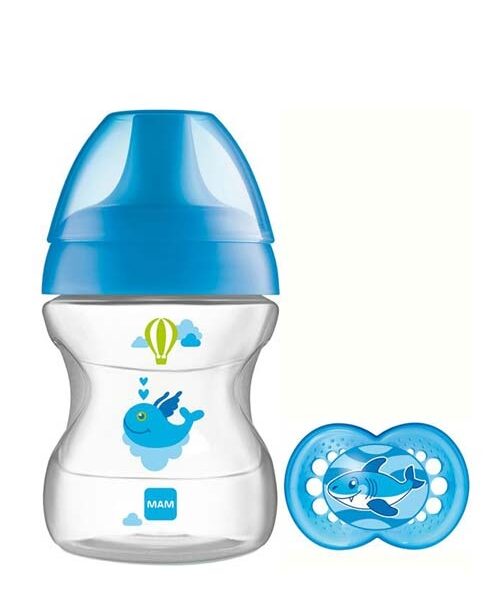 MAM 190ml Baby Bottle with Pacifier - Learn To Drink Cup 6+ months - Blue