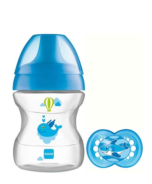 MAM 190ml Baby Bottle with Pacifier - Learn To Drink Cup 6+ months - Blue