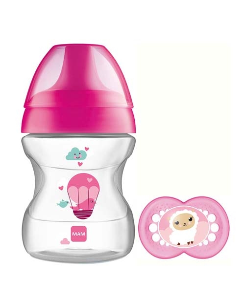 MAM 190ml Baby Bottle with Pacifier - Learn To Drink Cup 6+ months - Pink