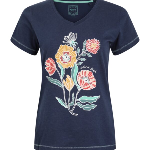 Weird Fish Botanic Organic Cotton V Neck Front Print T-Shirt Dark Blue Size 12