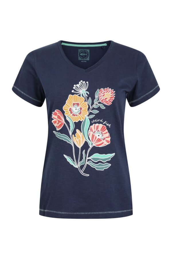 Weird Fish Botanic Organic Cotton V Neck Front Print T-Shirt Dark Blue Size 12