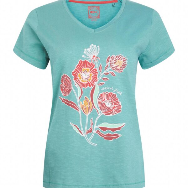 Weird Fish Botanic Organic Cotton V Neck Front Print T-Shirt Viridis Size 8