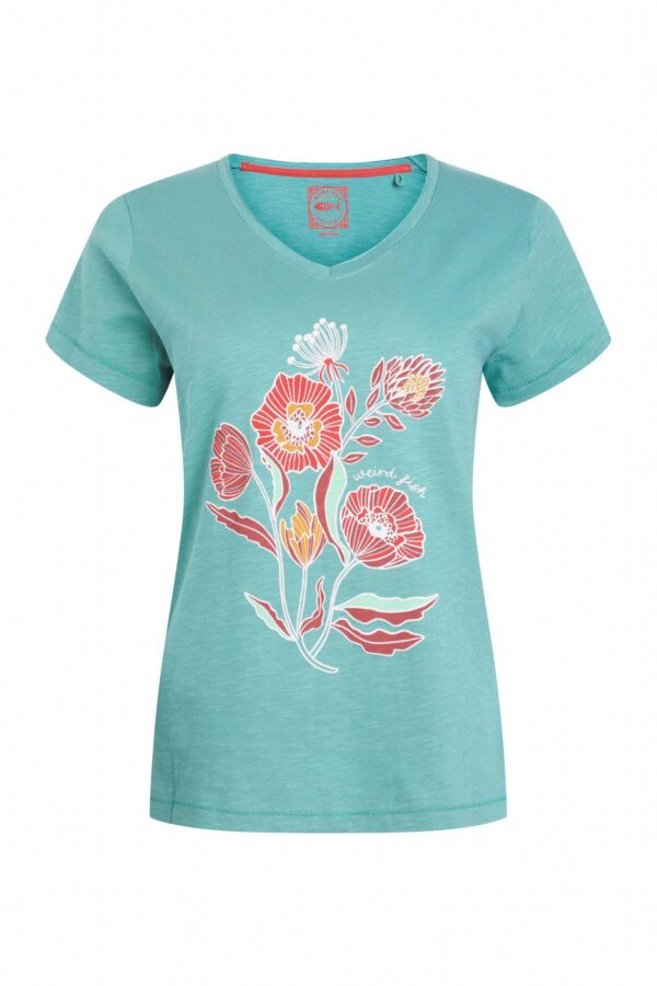 Weird Fish Botanic Organic Cotton V Neck Front Print T-Shirt Viridis Size 8