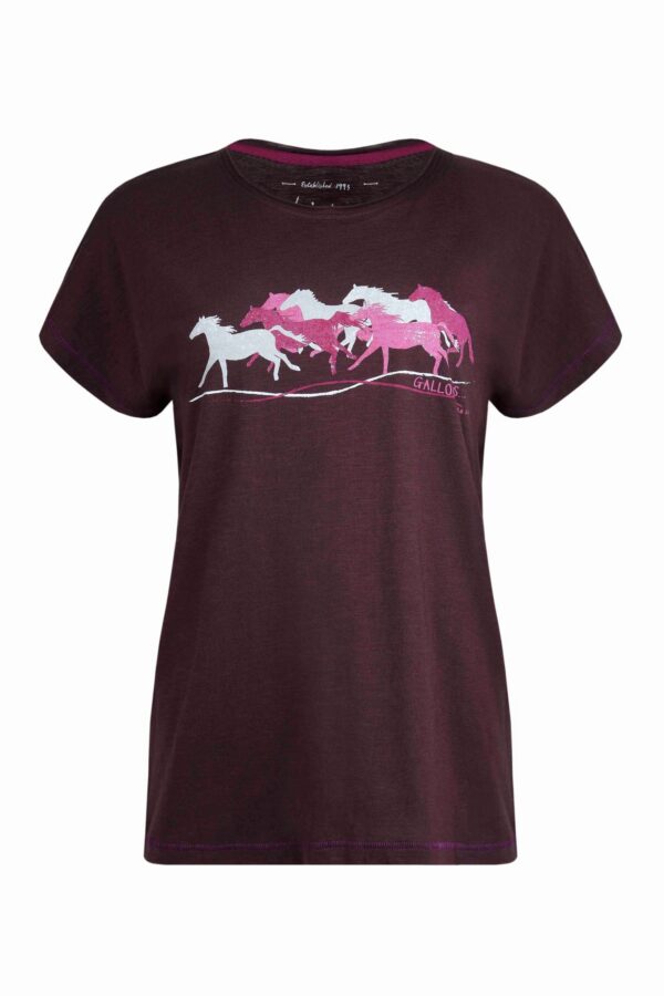 Weird Fish Gallopers Organic Cotton Horse Print T-Shirt Mulled Wine Size 8