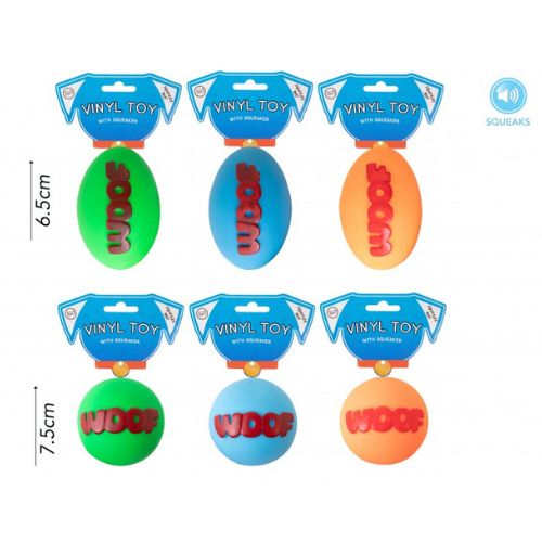 World Of Pets Squeaky Vinyl Woof Ball Dog Toy Assorted